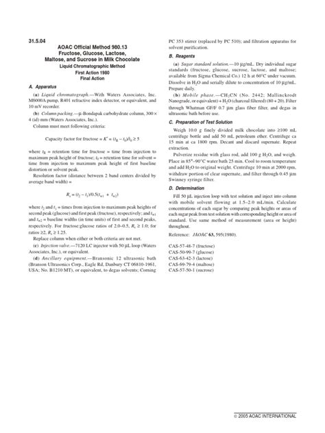 aoac 980.13|AOAC Official Method 980.13Fructose, Glucose, Lactose, .